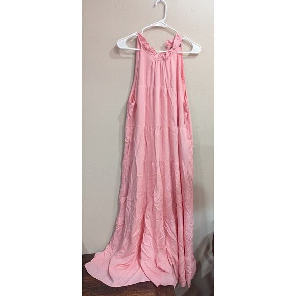 Gorgeous super soft viscose pink halter style sleeveless tiered maxi dress, L - Picture 1 of 8